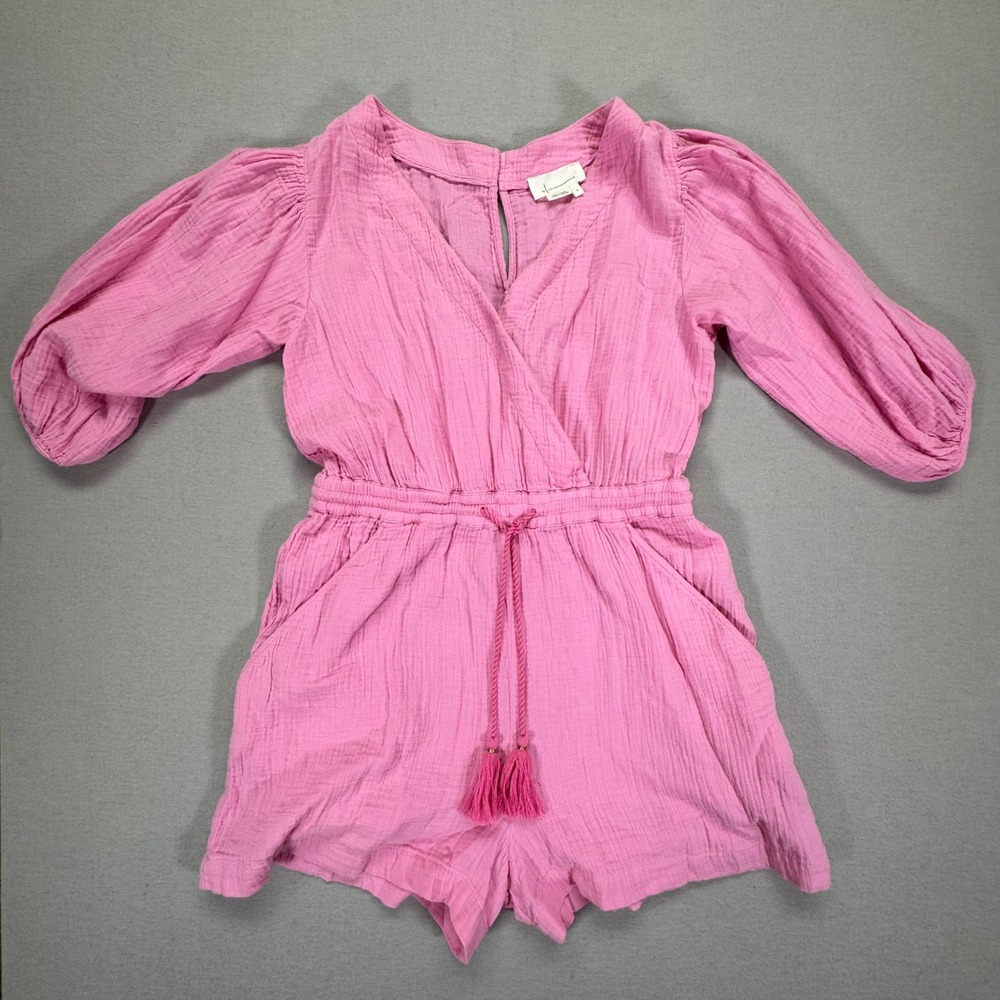 Anthropologie Women Romper Relaxed Pink Gauze Tassel Puff‎ Sleeve Small